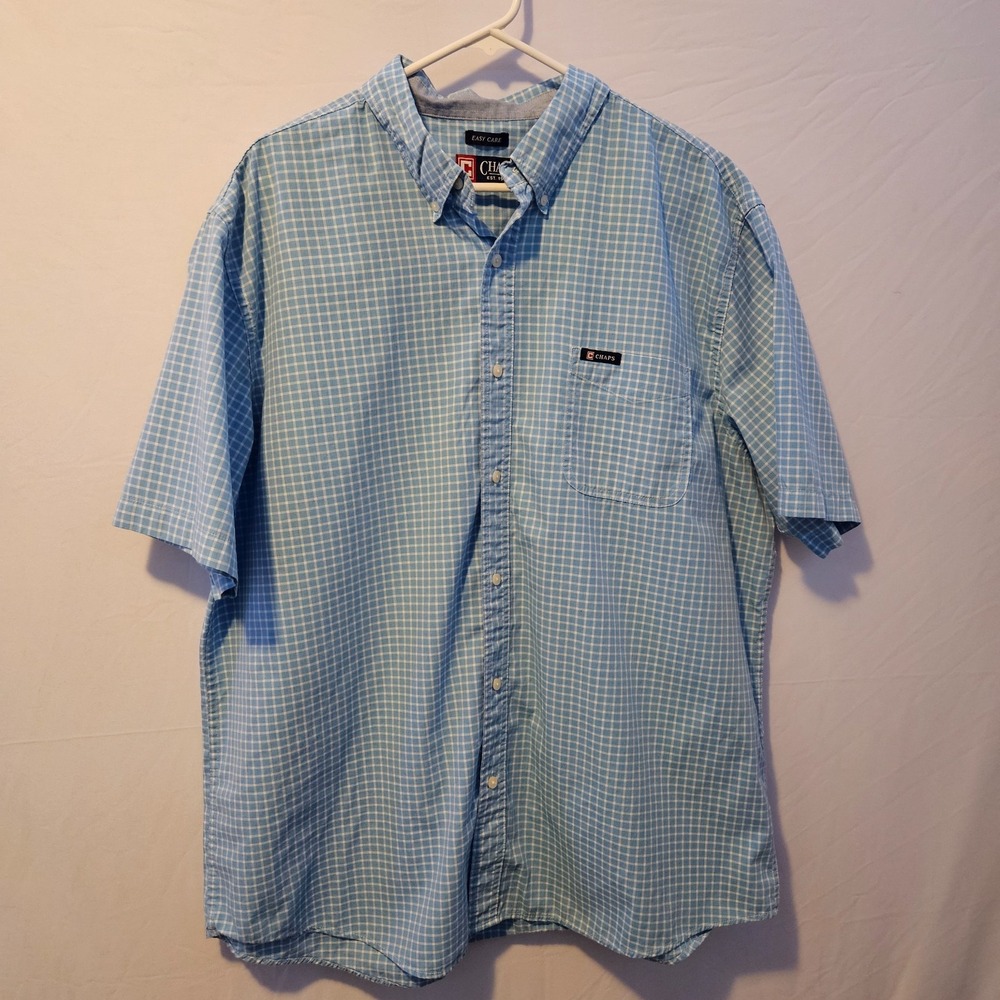 Chaps Men's XXL Short Sleeve Button‑Down Shirt Blue Check Easy Care Cotton Blend